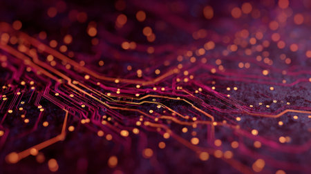 Circuit board illustrating pathways and glowing nodes, representing data flow, network connectivity, ai, and information technology, creating an abstract background for future conceptsの素材