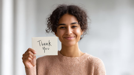 Young mixed race woman feeling gratitude and thankfulness, holding a handwritten thank you card up to the camera with a heartfelt smile, expressing appreciationの素材