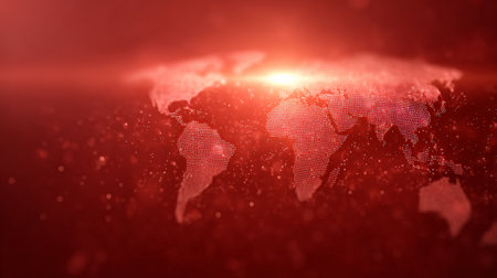 World map visualizing global digital communication and technology network with glowing particles and light, representing connectivity, data transfer, and futuristic concepts in a vibrant red hueの素材