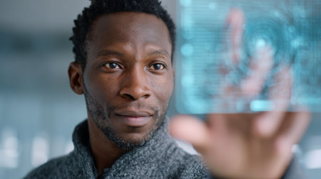 Software engineer interacting with futuristic transparent device using finger scan technology in modern office environment, showcasing innovation and technological advancement in user interfaceの素材
