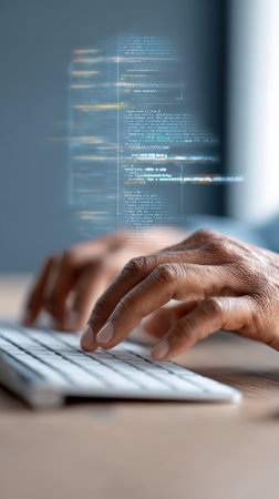 Hands typing code on keyboard with lines of code visualized above, representing software development and artificial intelligence programmingの素材