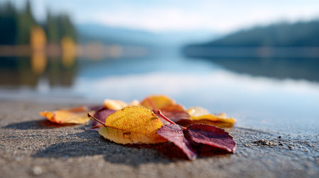 Vibrant yellow and red autumn leaves lie on the sandy shore of a tranquil lake, with the blurred reflection of trees and hills creating a peaceful and scenic autumn landscapeの素材