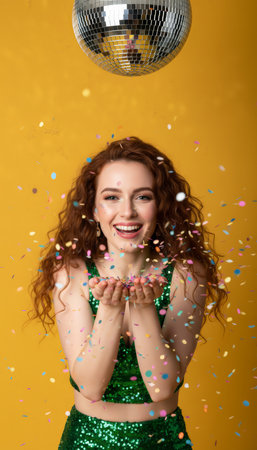 Happy woman with red curly hair wearing a green sequin top blowing colorful confetti from her hands, celebrating under a shimmering disco ball on a vibrant yellow backgroundの素材