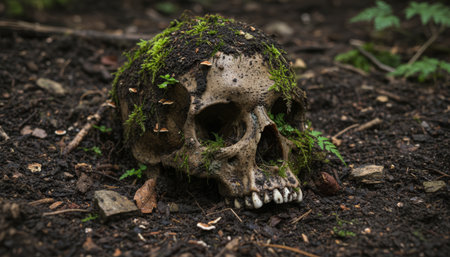Weathered human skull resting on dark forest ground, covered with green moss, small mushrooms, and fern leaves, embodying themes of decay, death, and an unsolved mysteryの素材