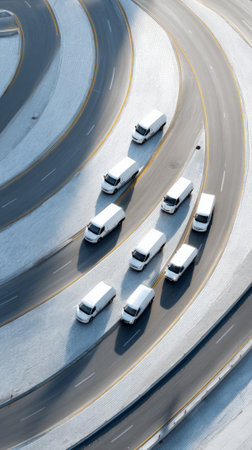 Convoy of white delivery vans navigating a multi lane urban highway, aerial view emphasizing efficient logistics, fleet movement and modern supply chain operationsの素材