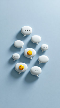 White 3d speech bubbles with typing dots and yellow smiling and winking emojis on a clean light blue background, conceptualizing digital communication, social media, and online messagingの素材