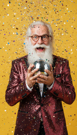 Jubilant senior man with a long white beard and glasses wearing a sequined jacket, holding a shiny disco ball as colorful confetti falls around him, expressing joy and celebrationの素材