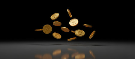 Falling golden dollar coins displaying financial growth, investment, and prosperity against a dark background with reflections, symbolizing abundant currency and increasing profitの素材