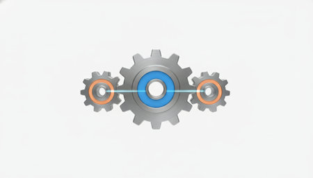 Three metallic gears featuring an orange and blue core, illustrating concepts of connection, collaboration, and digital information exchange with a glowing blue lineの素材