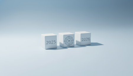 White cubes representing sequential years 2025 and 2026 flank a central cube displaying a target symbol, illustrating a focus on future growth strategies and goal achievementの素材