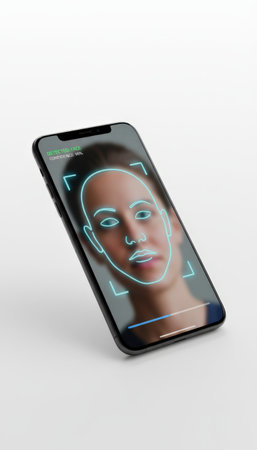 Smartphone screen displaying a detected face and a neon outline. Illustrating the process of biometric verification and secure facial identification for unlocking a device or accessing protected dataの素材