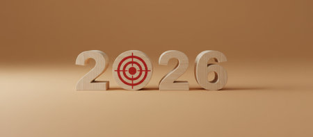 Wooden 2026 with a target replacing the zero, symbolizing new year goals, business planning and focused strategy for growth, progress and achievement in the year aheadの素材