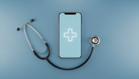 Smartphone displaying a glowing white medical cross on a light blue screen. Surrounded by a stethoscope on a dark blue background. Representing the concept of telemedicine and digital health servicesの素材