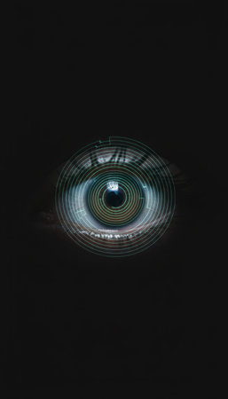 Human eye with futuristic digital security scan detecting biometric data for identification, access control, and advanced technology conceptualizing privacy and retina recognitionの素材