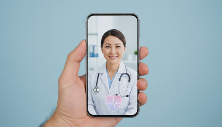 Hand holding a smartphone displaying an asian female doctor on a video call, providing remote medical consultation with a heart and ecg icon, representing telehealth and digital healthcareの素材