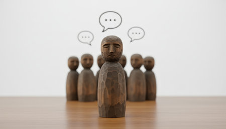 Solitary wooden figure feeling sad and isolated while standing in front of a blurred group of other wooden figures with thought bubbles portraying gossip, bullying, and exclusionの素材