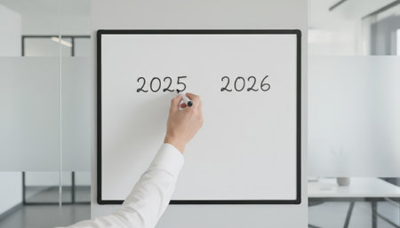 Hand of a businessman writing 2025 on a whiteboard, focusing on future business planning, strategy, and setting corporate goals for the upcoming year in a modern office environmentの素材