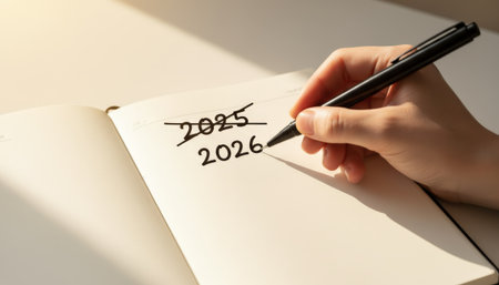 Hand holding a pen while crossing out the year 2025 and writing 2026 in a personal planner or notebook, representing the passage of time, new year planning, and future goalsの素材