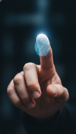 Finger touching an illuminated digital fingerprint graphic, representing modern biometric security, personal authentication, and identification technology for data and access protectionの素材