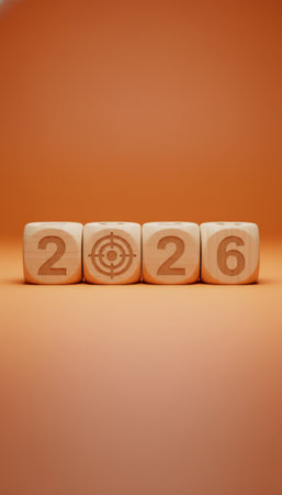 Wooden blocks displaying the year 2026, with a target symbol representing the second digit, indicating future goals, planning, and aiming for success on an orange backgroundの素材