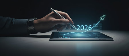 Hand using a stylus to draw an upward trending graph and rocket icon on a digital tablet, symbolizing future business success, strategic planning, and technological advancement for the year 2026の素材