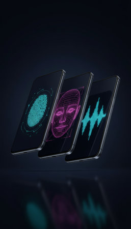 Modern smartphones displaying various biometric authentication methods including fingerprint scan, face recognition technology, and voice identification to ensure digital securityの素材