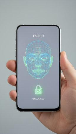 Hand holding a modern smartphone displaying a digital face grid for biometric identification, with an unlocked padlock icon indicating successful access using advanced security technologyの素材
