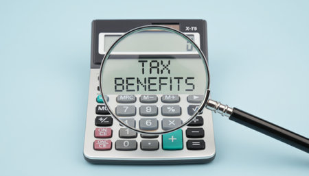 Magnifying glass focusing on the words tax benefits displayed on a calculator screen, representing financial planning, accounting, and potential savings for individuals or businessesの素材