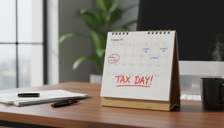 Desk calendar displaying april 15 marked as tax day, highlighting the annual deadline for submitting tax returns amidst other financial reports and estimations due on a professional office deskの素材