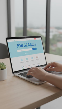 Person typing on a laptop at a desk, actively browsing online job listings and submitting applications for career opportunities in a home office or professional workspaceの素材