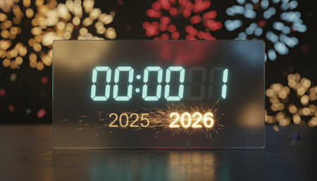 Digital clock counting down to midnight and the new year 2026, transitioning from 2025 with sparkler effect, celebrating the future moment under vibrant fireworks displaysの素材