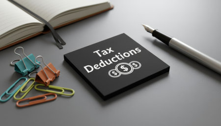 Office desk displaying a black block with tax deductions text and dollar coin icons, surrounded by paper clips, binder clips, an open notepad, and a fountain pen, illustrating financial planningの素材