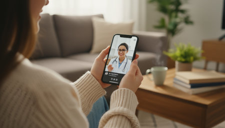 Woman holding a smartphone, having an online video consultation with a female doctor, receiving virtual healthcare during a telemedicine appointment from homeの素材