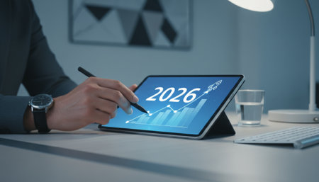 Business executive analyzing 2026 financial forecast on a tablet, stylus in hand, chart with rising rocket symbolizing growth, strategy and digital investment progressの素材