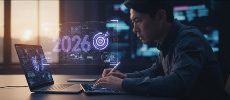 Man using stylus on augmented reality tablet at sunset, planning 2026 business strategy, setting goals and analyzing data with holographic charts in a futuristic office environmentの素材