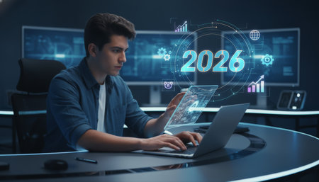 Young man using a laptop and interacting with a futuristic transparent tablet displaying holographic year 2026 business infographics, data analysis, and digital technologiesの素材