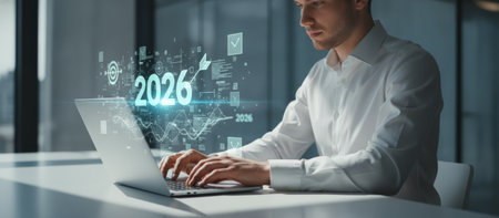 Young businessman typing on laptop, visualizing 2026 data and future business goals with digital graphs and target icons, representing strategic planning and technology useの素材
