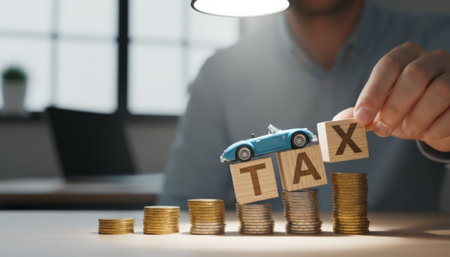 Hand placing wooden blocks spelling tax on top of a toy car and coin stacks, representing vehicle taxation, increasing costs, finance, and automotive expensesの素材