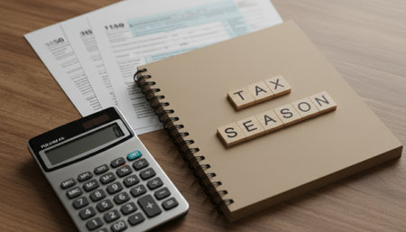 Desk setup showing tax season message on a notebook, calculator, and various forms, symbolizing the annual period for financial planning, accounting, and preparing government filingsの素材