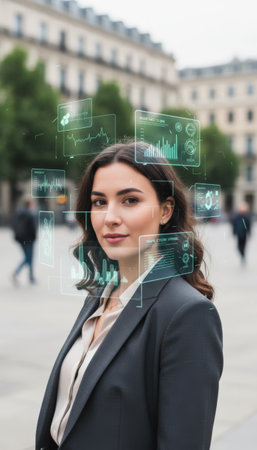 Businesswoman standing in a city street, digital biometric data and analytics appearing as an augmented reality overlay, representing advanced identification and future technologyの素材