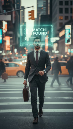 Businessman walking city street under augmented reality overlay that identifies him and displays personal data, illustrating biometric surveillance, ai security and privacy issuesの素材