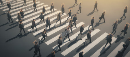 People walking on a crosswalk with glowing squares around their faces, visualizing biometric face recognition and surveillance in a smart city environmentの素材