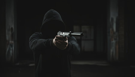 Hooded male in shadow points a silenced handgun toward camera, evoking crime, hidden threat, violence and anonymity in a dark, tense scene for security or investigation conceptsの素材