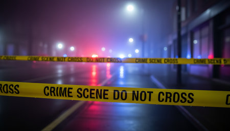 Yellow crime scene tape reading crime scene do not cross stretches across a dark, foggy city street with flashing red and blue lights from emergency vehicles in the backgroundの素材