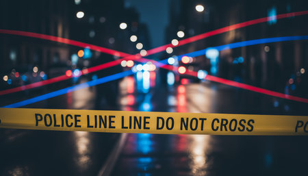 Police line tape is blocking a street at night, marking a crime scene with blurred red and blue emergency vehicle lights creating an atmosphere of urban investigation and law enforcementの素材