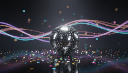 Shiny disco ball standing on a reflective surface, surrounded by colorful confetti and glowing light trails, creating a vibrant atmosphere for celebrations and eventsの素材