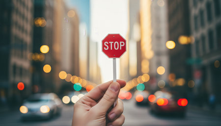 Hand holding a miniature red stop sign against a blurred city street background with cars and bokeh lights, symbolizing traffic rules, road safety, and learning to driveの素材