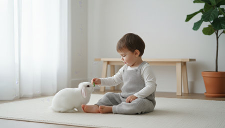 Toddler sitting on a rug offering a green snack to a white pet rabbit, sharing a tender moment of bonding, trust and playful innocence in a sunlit home interiorの素材
