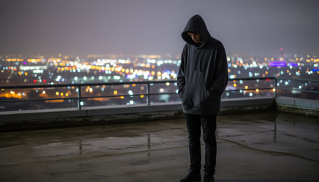 Young man wearing a hoodie and standing alone on a wet city rooftop at night, looking down with a contemplative expression, symbolizing loneliness and potential urban strugglesの素材