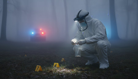 Forensic specialist in a hazmat suit and headlamp collecting evidence from the ground at a nighttime crime scene in a foggy forest, with police lights visible in the backgroundの素材
